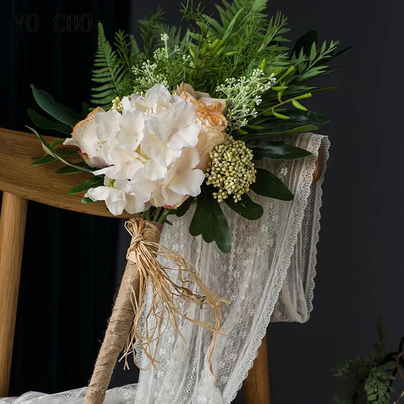 Йо Чо Свадебный букет невесты фотографии Свадебные Поставки искусственный шелк Роза Гортензия цветок Cycas ребенка дыхание лес стиль
