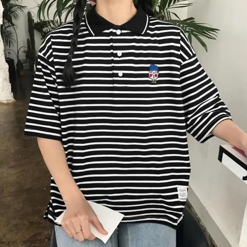 Корейский ulzzang Harajuku BF рубашка Поло рубашка с отворотом шикарный Полосатый Пуловер короткий рукав Футболка женская летняя свободная модная женская