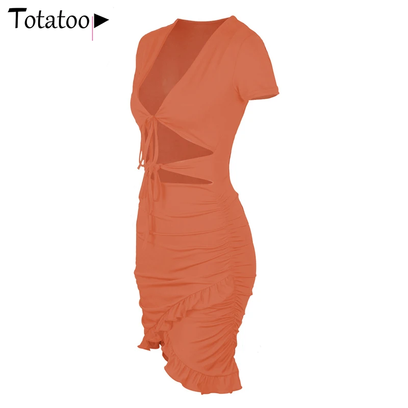 Totatoop Lace Up V Neck Ruched Bodycon Mini Dress Women 2020 Summer Hollow Out Ruffles Sundress Beachwear Vestidos