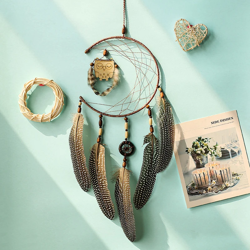 

New Nordic style hand woven Owl Ring feather interior decoration hanging decoration bedroom Pendant Gift interior decoration