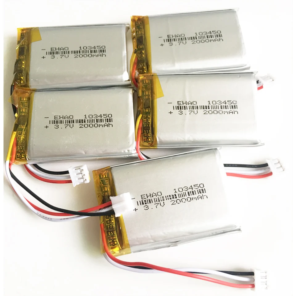 

5 pcs 103450 with JST PH 2.0mm 3pin plug 3.7V 2000mAh lipo polymer lithium rechargeable battery for GPS navigator DVD camera