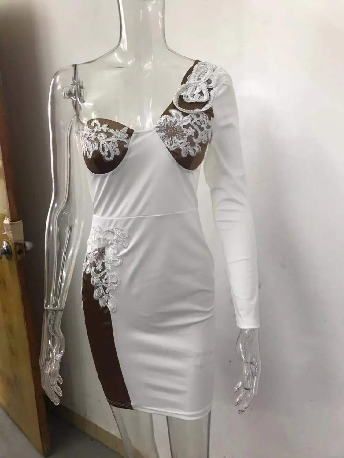 Tosheiny Irregular Neck Long Sleeve Off the Shoulder Women Mini Dresses Bodycon Nightclub Patchwork Dresses th19844