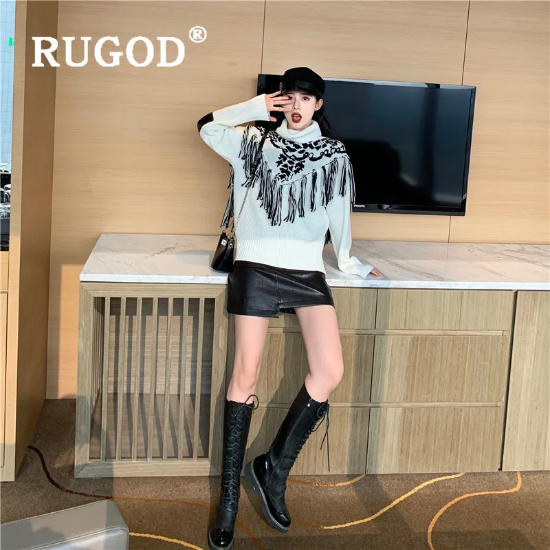 RUGOD, новинка, зимний теплый женский свитер с высоким воротом, вышивка, шаль, кисточка, Свободный вязаный пуловер, модный Женский Повседневный пуловер