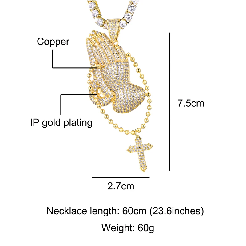 Хип хоп Bling кубический цирконий Iced Out Молящиеся Руки Крест ожерелья и подвески для мужчин ювелирные изделия с теннисной цепочкой