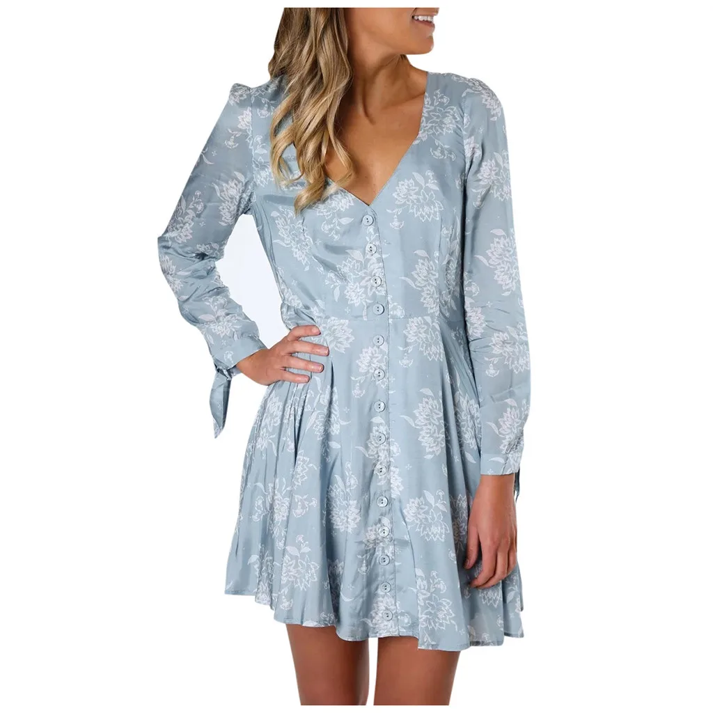 

Printed dress Women Autumn Winter Fashion Long-Sleeved V-Neck Button Small Clear Boho Print Short bandage Dresses Vestidos