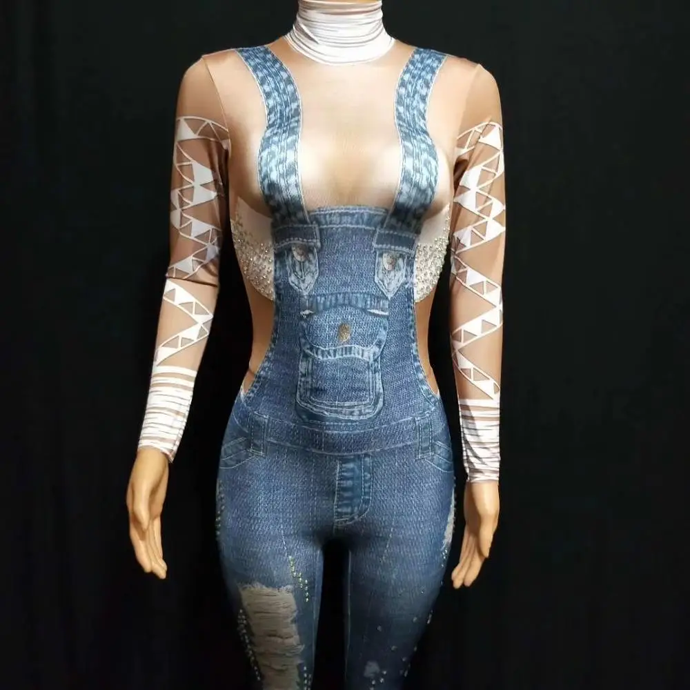 Женский уникальный дизайн Cowbody синие сетчатые Стразы Обтягивающие Комбинезоны модные Ночной клуб Танцы у шеста женские костюмы для выступлений