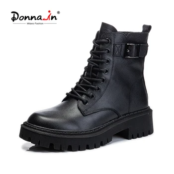 

Donna-in Buckle Strap Genuine Leather Black Martin Boots Lace Up Short Plush Autumn Winter Chunky Boots Female Motorcycle Boots