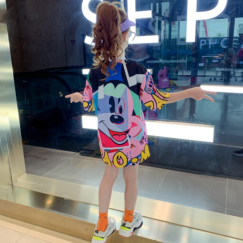 Summer girls long t shirt Baby tee dress kids dress Children vestidos streetwear clothesmickey print short sleeve 4 to 14 yrs