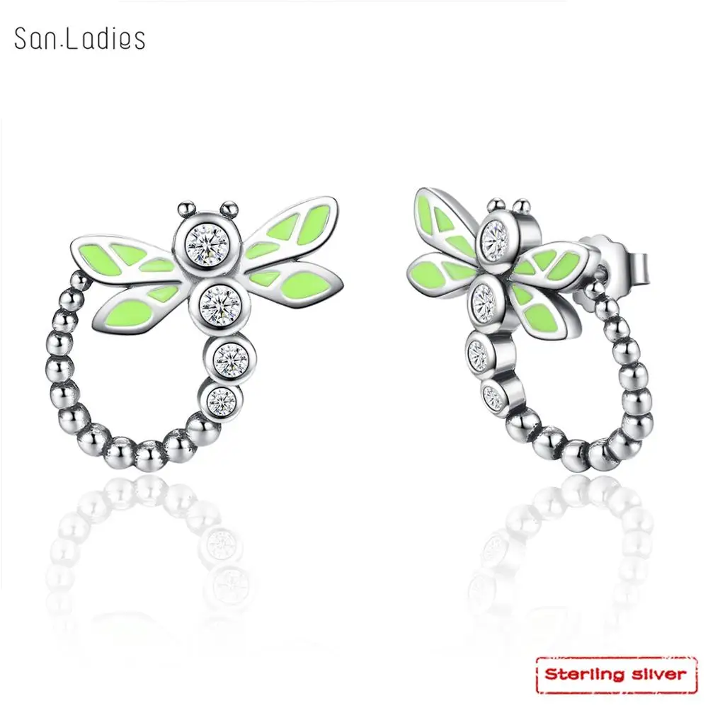 

San.Ladies Fine Jewelry 925 Sterling Silver Vivid Green Dragonfly Animal Drop Earrings For Women Fashion Anniversary Jewelry