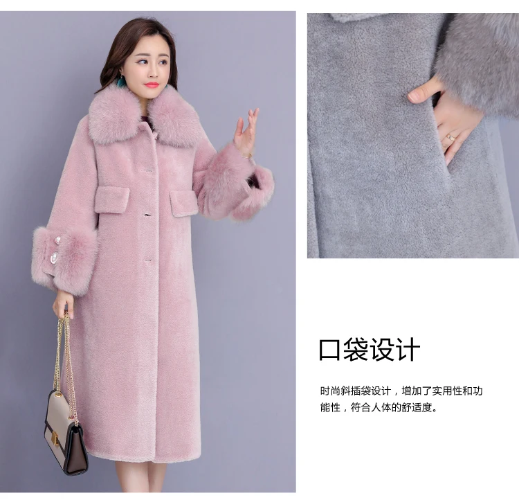 Розовый Women winter faux fox fur collar warm artificial sheep fur cashmere fabric medium long coat casacos abrigos plus size MLXLXXL4XL - Цвет: Розовый
