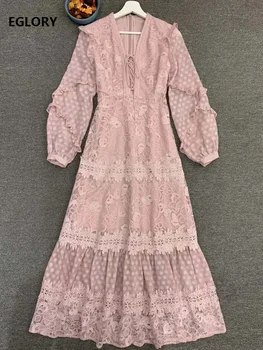 

Top Quality New 2020 Summer Long Dress Women Sexy V-Neck Cross String Deco Lace Embroidery Long Sleeve White Pink Maxi Dress