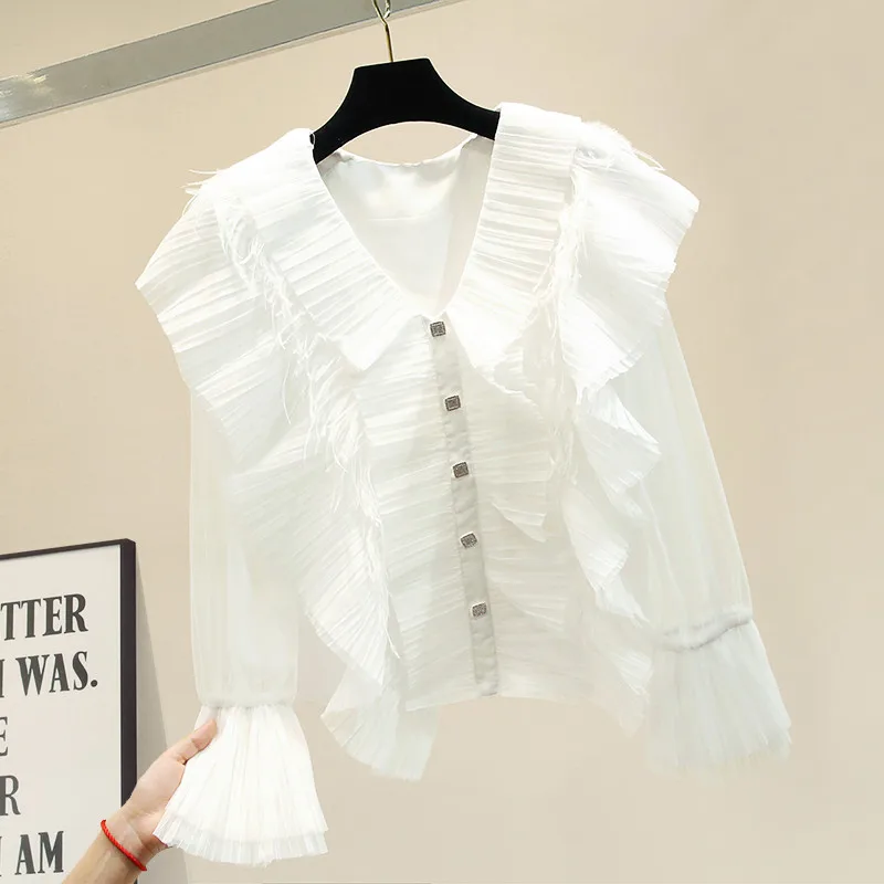 

Gauze Chiffon Shirt Women's Spring Autumn New Fashion Feather Ruffles Blouses Ladies Tops Womens Tops and Blouses