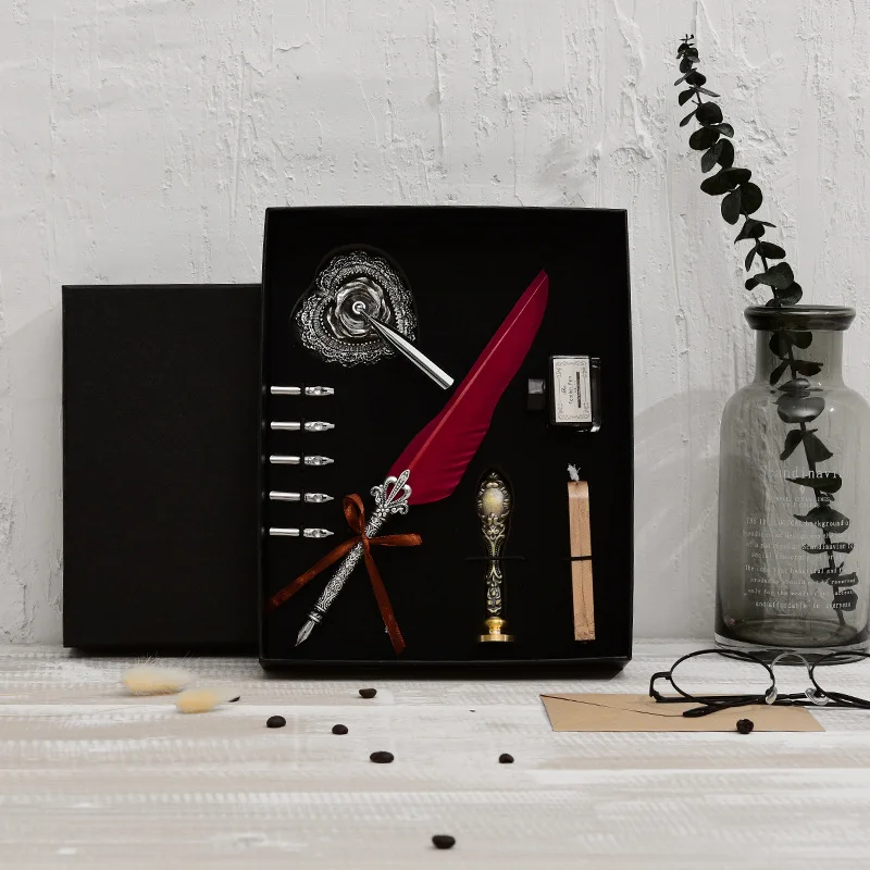 

2019 popular Feather Pen Come with 1 pC heart-shape pen holder 5 replacement pen tips 1 bottle of 15ml ink 1 PC metal stamp