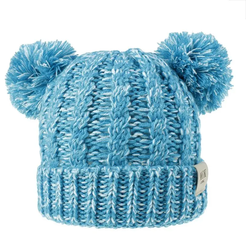 Зимняя Вязаная Шапка-бини с милым пушистым помпоном для маленьких мальчиков и девочек, однотонная теплая шапка с нашивкой в виде логотипа и ушками, От 4 до 8 лет