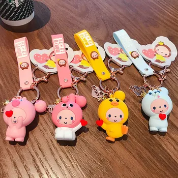 

2020 NEW Korean Cartoon Crown Monkey Keychains Cute Silicone Doll Keyrings Small Powder Pig Couple Girl Birthday Gift Key Chain