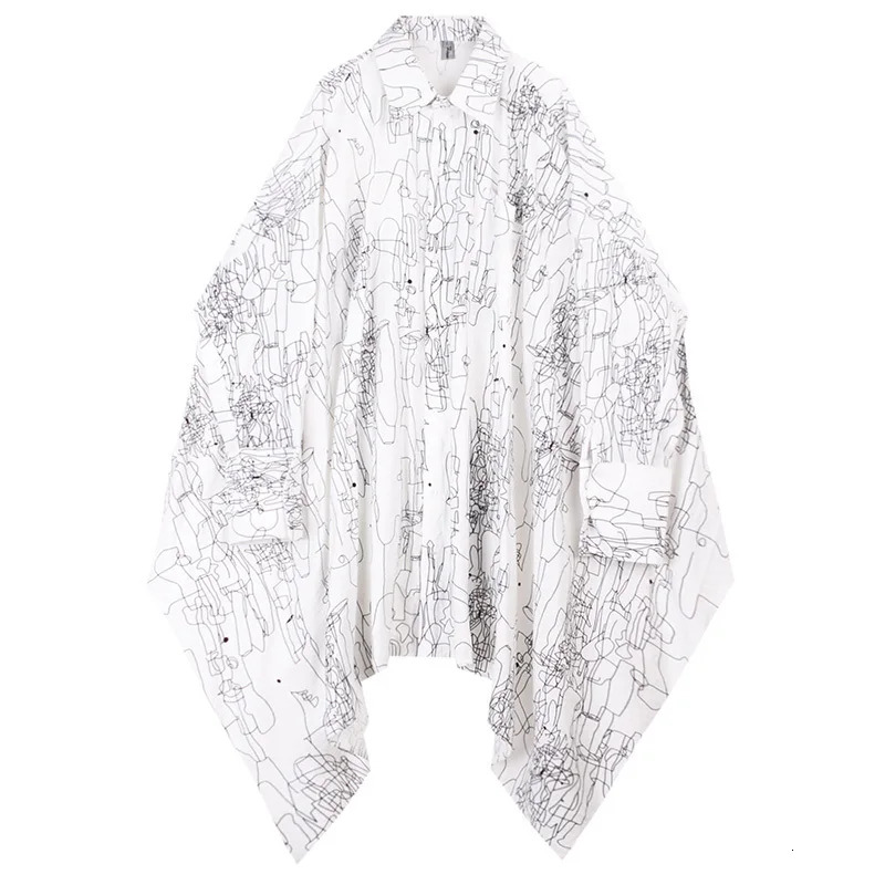 [EAM] Женская Асимметричная блуза большого размера с узором, новая свободная рубашка с отворотом и длинным рукавом, модная весенняя Осенняя 19A-a610 - Цвет: white