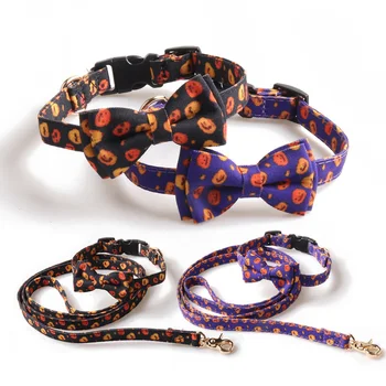 

Halloween Pumpkin Pattern Pets Dog Collars Adjustable Buckle Dog Bowknot Collar and Leash Bulldog/Corgi Bow Tie Pet Supplies