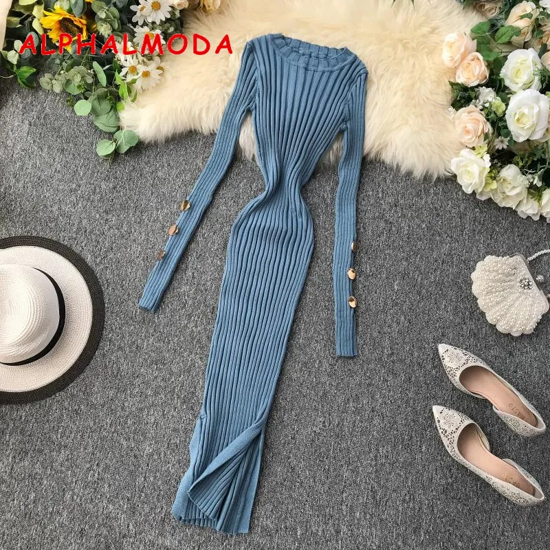 

ALPHALMODA French Dress 2019 Popular Buttons Sleeve Pullovers Tunic Dress Knitting Sweater Dress Solid V-neck Sexy Step Dress