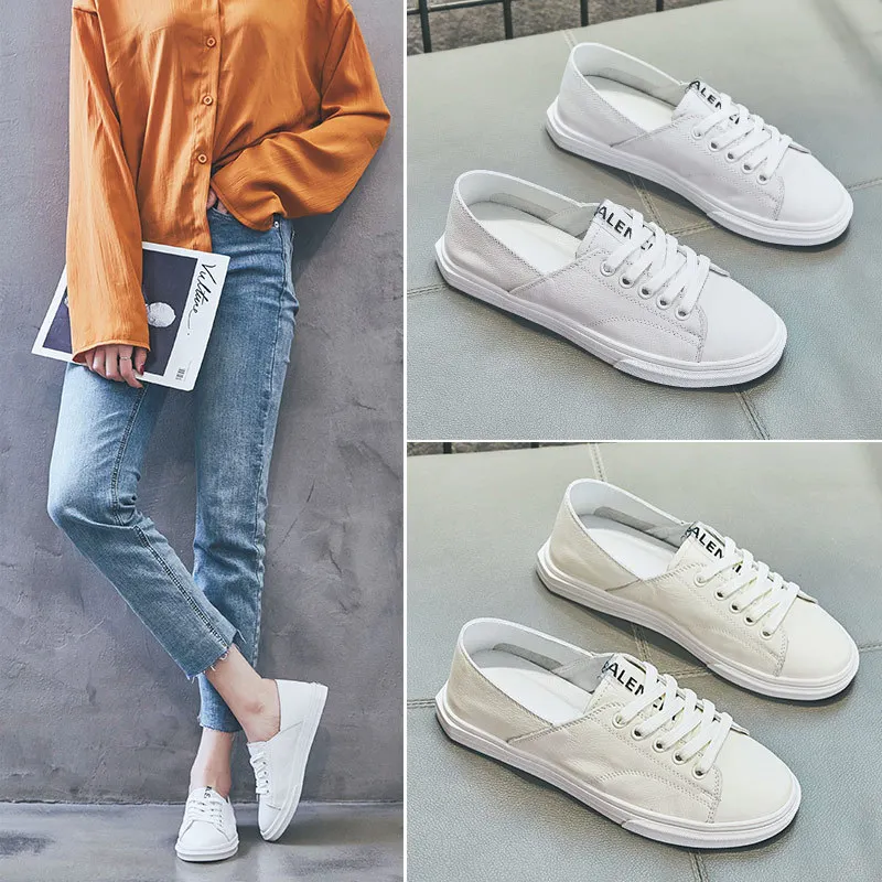 

2019 Spring New Style Korean-style Versatile Base White Shoes Casual Flat Breathable Students Low-Cut Full-grain Leather Fashion