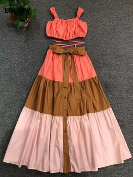 

Crop Sets 2020 Summer Casual Long Skirt Suits Women Sexy Strap Crop Top+Color Block Long Maxi Skirt Set Ladies Casual Beach Wear