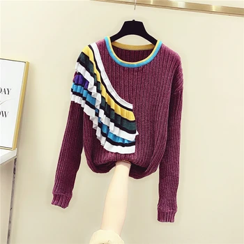 

Autumn and Winter Sweater Woman New Colorful Ruffles Crewneck Sweater Fungus Ruffle Pullover Sweaterd Blusa Femme Nancylim
