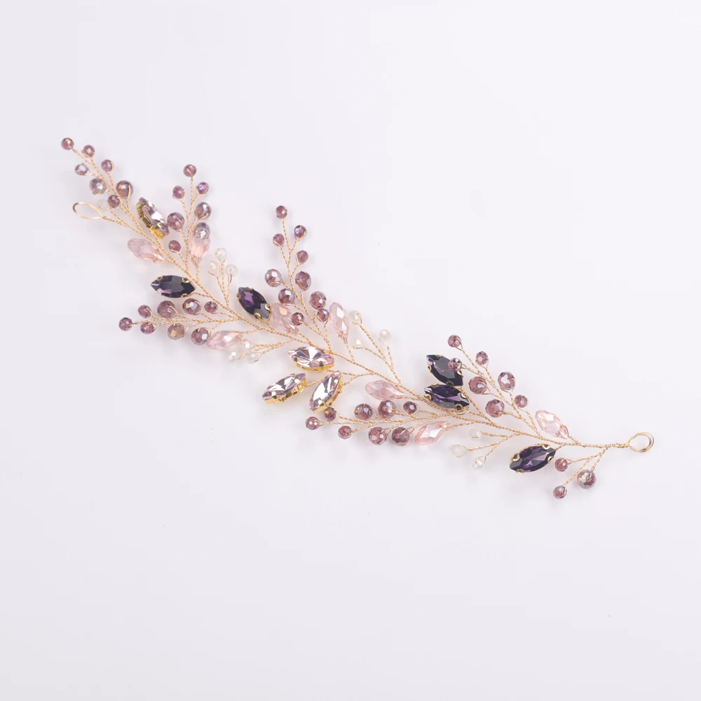 Crystal Wedding Purple Rhinestones Pink Crystals Gold Headband Hair Vine Gold Bridal Headpiece Flower Hair Accessories for Brid hair accessories bridal hair accessories bridal jewelry set