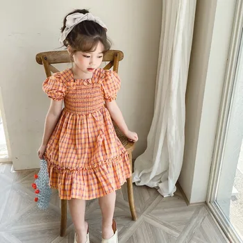 

2020 Summer New Girls Plaid Dress Children Short Puff Sleeve Cotton Children Kids Clothing Kids Ruffles Cotton Dress