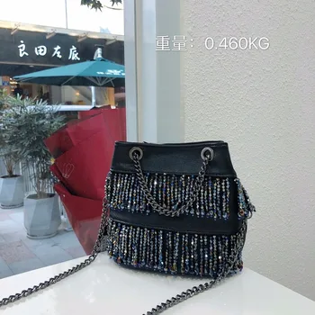 

2020 Water Drill Flow Bucket Bag 100 Chain Black One Shoulder Oblique Satchel Woman