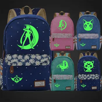 

Green Luminous Anime Cartoon Kawaii Sailor Moon Luna Cat Flowers Dot Boy Girl School bag Bagpack Teenagers Canvas Backpack
