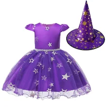 Маскарадный костюм ведьмы для девочек, вечерние платья принцессы на Хэллоуин, милое детское бальное платье с шапочкой ведьмы, комплект из 2 предметов