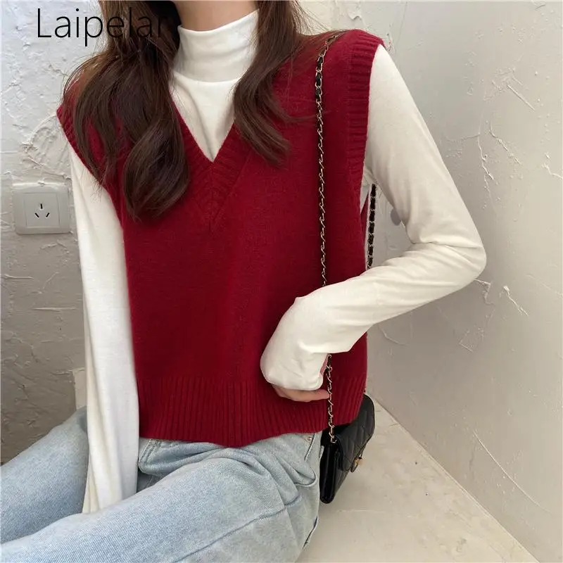 Autumn Korean Retro Loose Vest Sweaters Women All Match V-collar Solid Color Sleeveless Knitted Vest Female Chic Elegant Tops