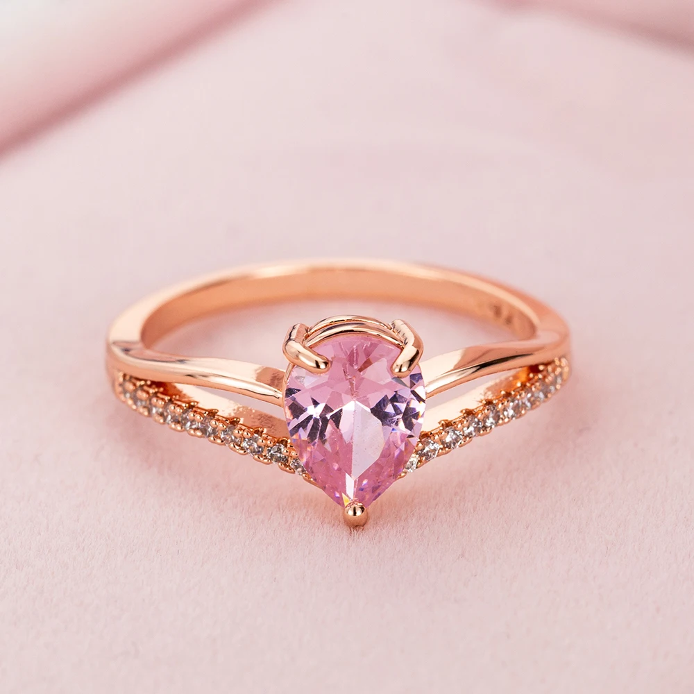 Anillos de boda en forma de V para mujer, accesorios de anillo de compromiso de circón rosa de lujo, joyería 2021