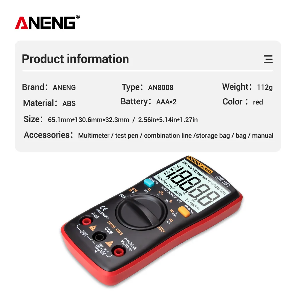 Digital Multimeter AN8008 9999 Counts Transistor True RMS Tester  Auto Electrical Testers Voltage capacitor Power Meters  Test 6
