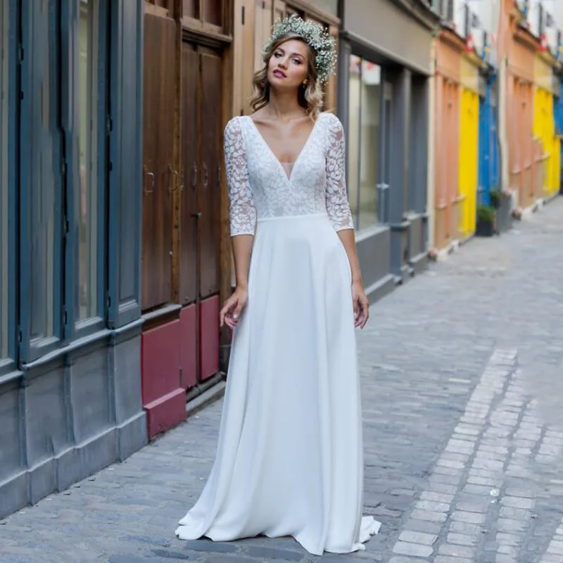Boho Half Sleeves Wedding Dress V-Neck Sexy Backless Lace Bridal Gowns Floor Lenghth A-line African Robe De Mariee Customized 3