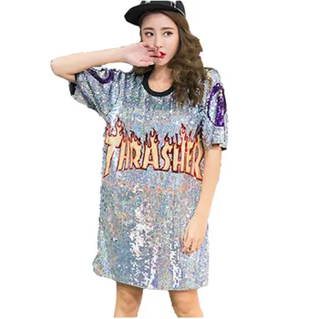 

2020 New Large Size Loose Sleeve Summer Round Neck Medium Long Women T-shirt Women T-shirt Sequins Fashion Women T-shirt NUW946