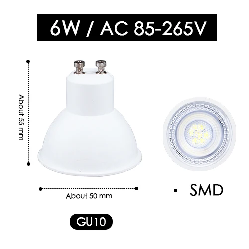 GU10 6W SMD 85-265V Светодиодный точечный светильник 6 Вт MR16 GU10 SMD 2835 lampara 12 в 110 В 220 В комнатный энергосберегающий настольный домашний декоративный Ампульный диодный светильник - Испускаемый цвет: GU10 6W SMD 85-265V
