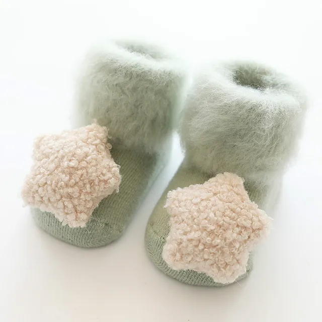 Cute Baby Socks Stereo Doll Socks Autumn Winter Mid Stocks Velvet Thickening Brush Furry Newborn Floor Socks 0-18 months green