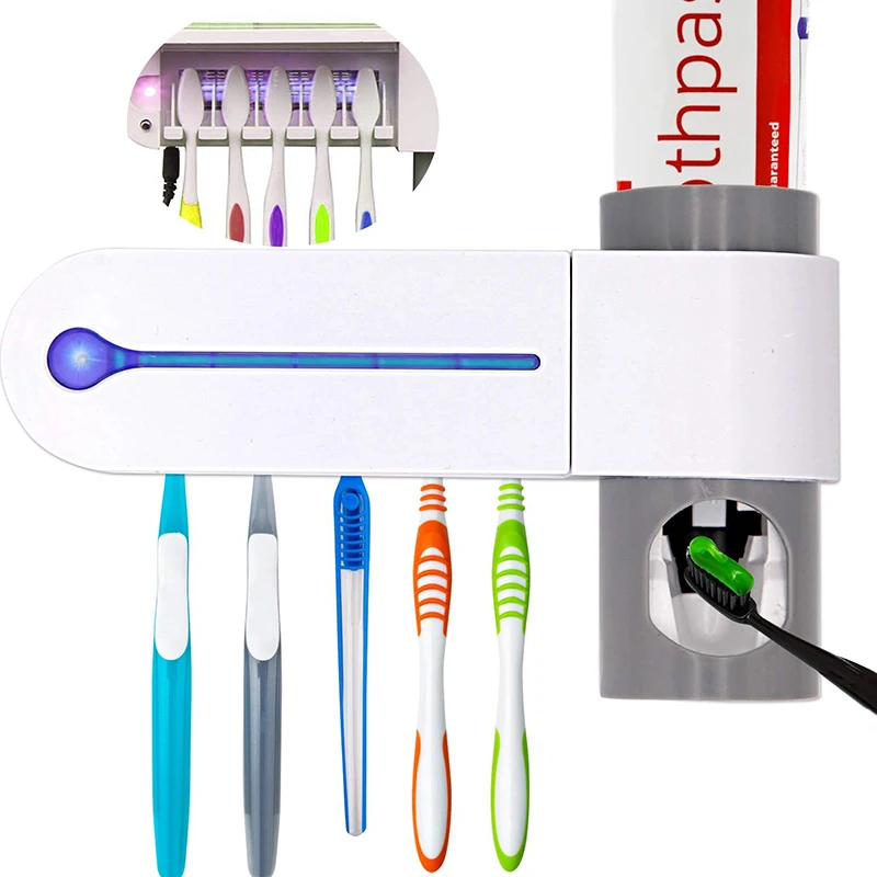 Natural Bamboo Toothbrush Sanitizer Sterilizer Holder with UVLED Light Sterilization Wall Mounted Automatic Toothpaste Dispenser |