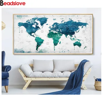 

DIY 5D Diamond Painting Navy Blue World famous map Embroidery large home Decoration Full Square/Round Rhinestone Mosaic art