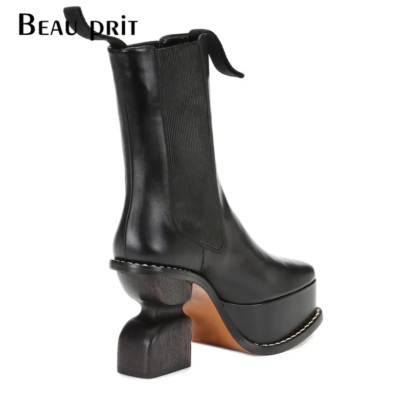 Platform Leather Boots Women Strange High Heels Shoes Square Toe Thick Bottom Ankle Boots For Women Short Booties