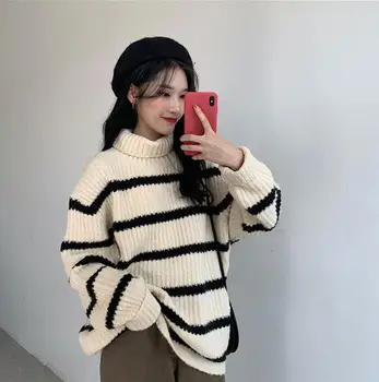

Autumn and winter Korean striped long-sleeved knit turtleneck loose sweater women