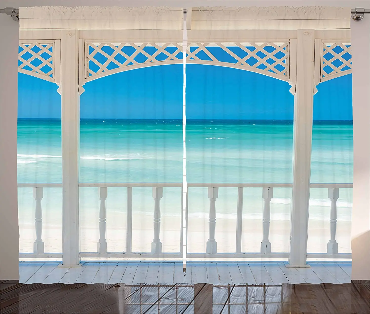 Coastal Window Curtains Romantic Wooden Terrace with View of Tropical Beach in Cuba Pavilion Image Living Room Bedroom Decor | Дом и сад