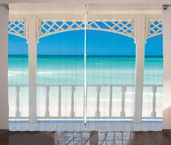 

Coastal Window Curtains Romantic Wooden Terrace with View of Tropical Beach in Cuba Pavilion Image Living Room Bedroom Decor