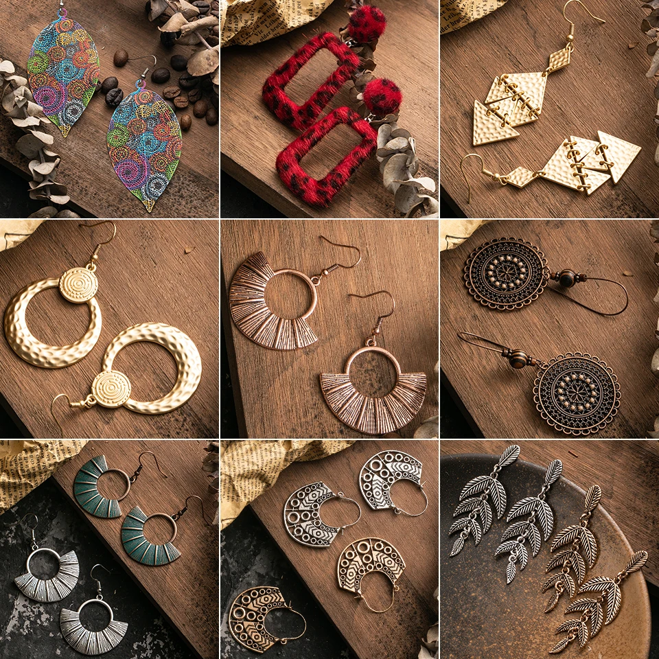 

Simple Vintage Leopard Autumn And Winter Teardrop Earrings For Women Metal Leaf Round Circle Water Drop Pendant African Jewelry