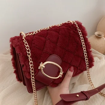 

Korean fashion new small square bag women flap shoulder bags winter plush shoulder sling purse brown ladies winter bags with fur