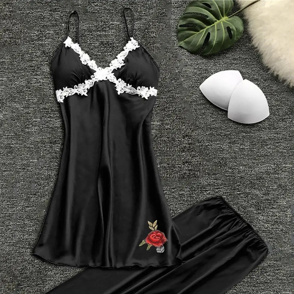 

Women's Pijamas Summer Lace Spaghetti Strap Women Embroidery Pajamas Nightdress+Long Pant Women Deep V Homewear Set home suit A4