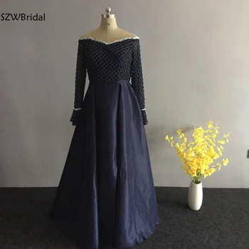 

New Arrival V Neck Long sleeve evening dresses 2020 Navy Blue kaftan Dubai Arabic Formal dress Party evening gowns abendkleider