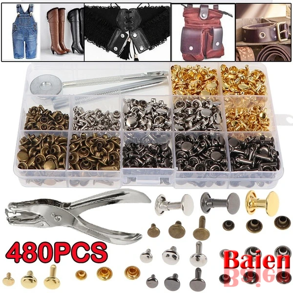 480/360PCS Leather Double Cap Rivets Metal Tubular Rivets for Leather Craft Repairs Decoration with Punch Pliers Fixing Tools