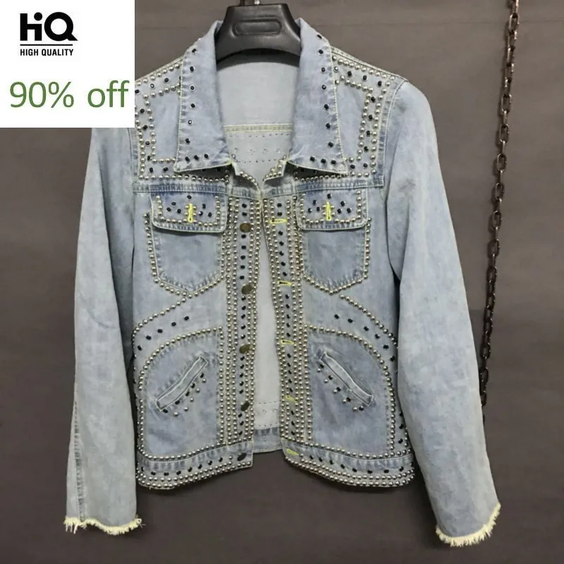 

Personality Punk Denim Coat Men Autumn Rivets Washed Single Breasted Jean Jacket Street Style Hip Hop Light Blue Loose Outerwear