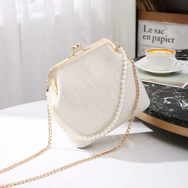 women bag white Новая модная винтажная сумка с бусинами и замком поцелуя, женская сумка через плечо на цепочке, женские сумки - Цвет: women bag white